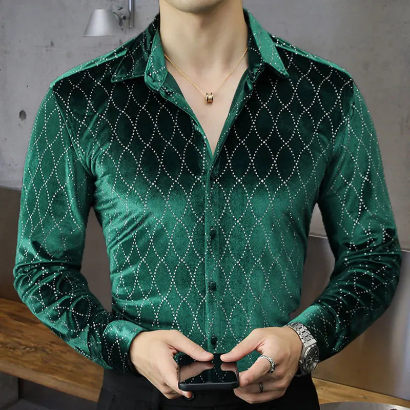 Hehope Fall British Men Gold Velvet Hollow Long Sleeve Shirt Slim Shirt Dark Green Camisa Social Masculina Men Dress Shirt