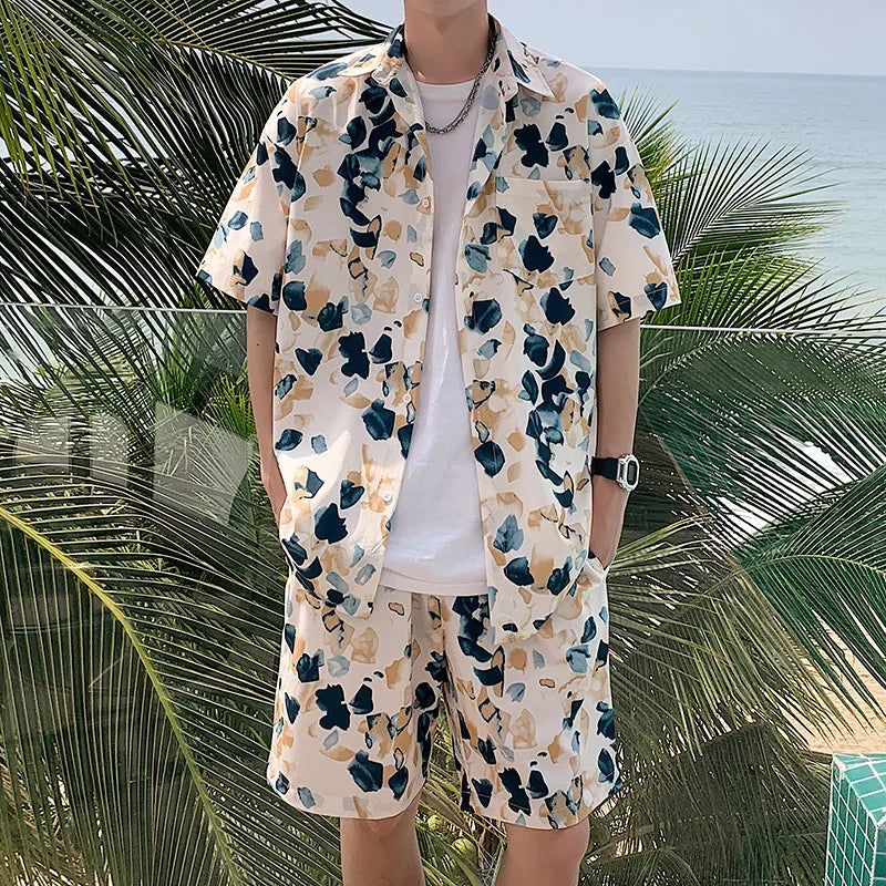 Hehope Summer Men Shorts Set Matching Shirts Letter Striped Floral Printing Outfits Short Sleeve Elastic Waist Thin Oversize Suit Man