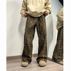 Hehope Leopard Printed Jeans Men Fashion Retro Printed Vintage Jeans Men Streetwear Hip-hop Loose Wide Leg Jeans Mens Denim Trousers