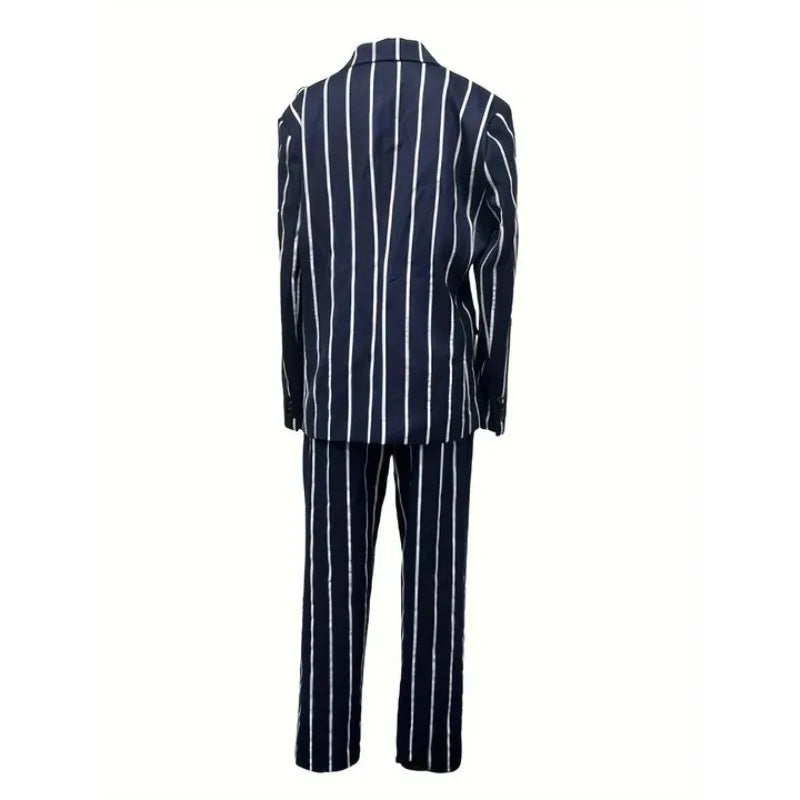 Hehope 2Pcs Mens Blazer Sets Suits Casual Blazer Business Striped Turndown Collar Double Breasted Blazer Suit for Work and Daily Wear