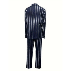 Hehope 2Pcs Mens Blazer Sets Suits Casual Blazer Business Striped Turndown Collar Double Breasted Blazer Suit for Work and Daily Wear