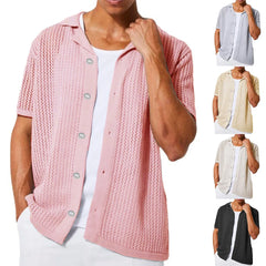 Hehope Mens Fashion Knitted Cardigan Summer Cool Hollow out Top Short Sleeve Shirt Lapel Button Loose Men's Knit Tshirt