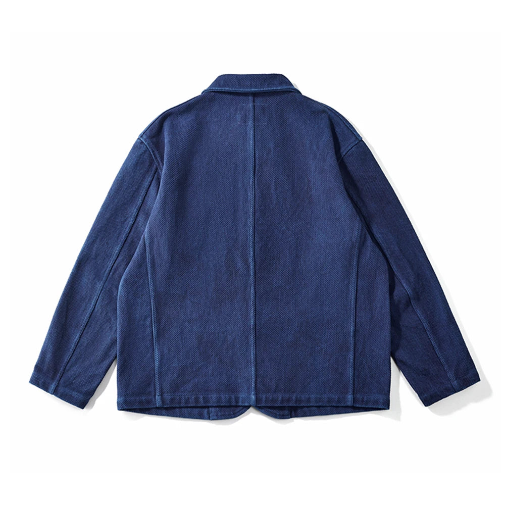 Hehope Heavy Weight Indigo Jacket Men Autumn Winter Vintage Workwear Tooling Jacket Blue Dyed Kendo Fabric Multi-pocket Cardgian Coat