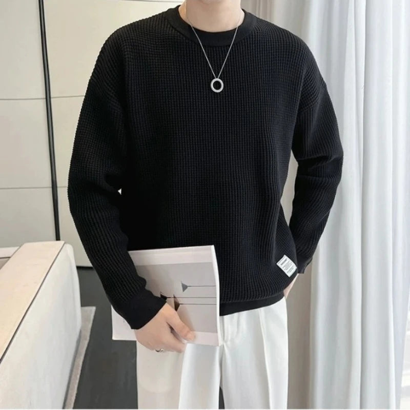 Hehope Spring Autumn New Fashion Round Neck Long Sleeve Pullovers Men's Clothing Solid Color Korean Casual Loose Trend All-match Tops