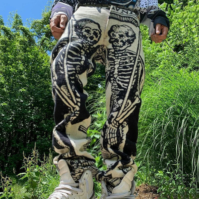 Hehope Autumn Vintage Skull Printed Straight Pants Men Trend Loose Sweatpants Spring Trend Streetwear Mens Leisure Long Pant Streetwear