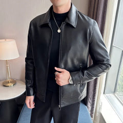 Hehope Men Bomber Leather Jacket New Anti-wind Lapel Solid Casual Slim Fit Jacket Coats Motorcycle PU Leather Jacket Fashion