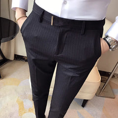 Hehope Mens Striped Suit Pants Formal Pants Summer New High Quality Fashion Solid Color Casual Stretch Slim Trousers Mens Clothing