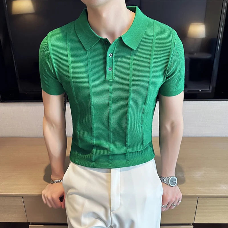 Hehope Summer Knitted Striped Polo Shirt Men Short Sleeve Ice Silk Lapel T-shirt Fashion Business Slim Social Tops Streetwear