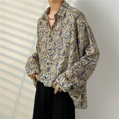 Hehope Spring Autumn New Cashew Flower Print Long-sleeved Shirt Korean style Loose Casual Tee Tops Men All-Match Blouse