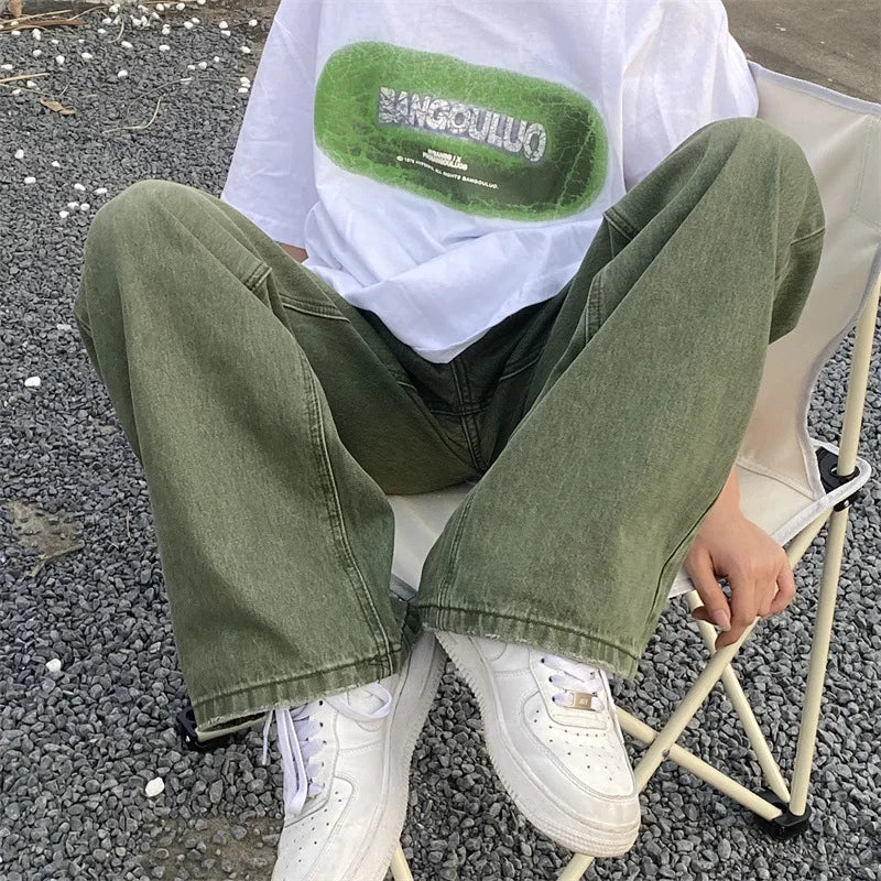 Hehope Green Jeans Baggy Distressed Vintage Denim Trousers Male Wide Leg Pants Men Streetwear Retro Oversize Casual Hip Hop