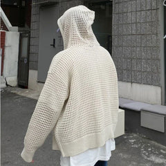 Hehope Vintage Knit Mesh Coat for Men Hole Hooded Cardigan Long Sleeve Tee Male Casual Autumn Japanese Streetwear Hip Hop