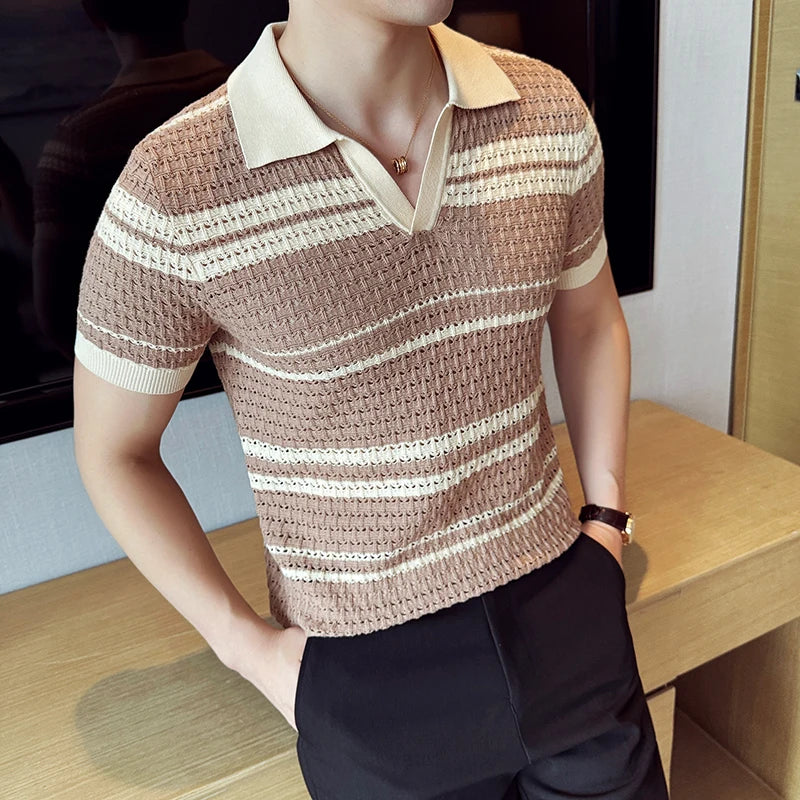 Hehope Men Knitted Polo Shirt 2024 Summer New Thin Striped Jacquard Patchwork Color Short Sleeved Casual V-neck T-shirt Men Clothing