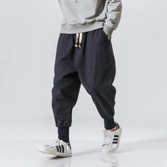 Hehope Cotton Linen Harem Pants Men Streetwear Joggers New Baggy Drop-crotch Pants Casual Trousers Men Sweatpants