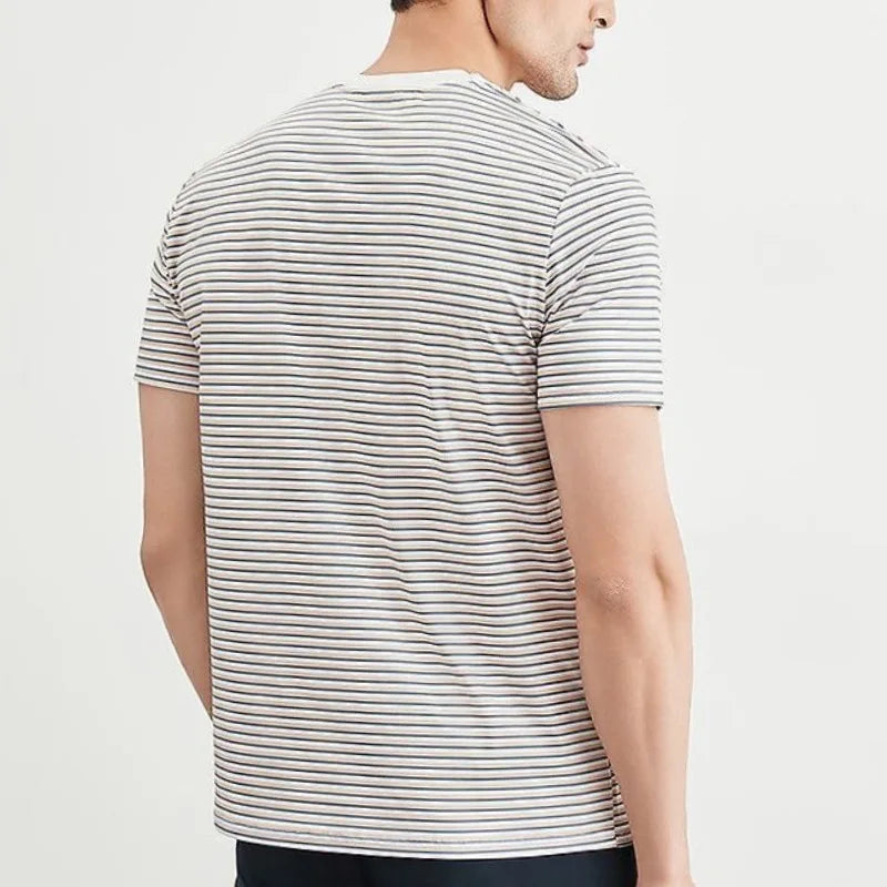 Hehope Fashion Casual New Summer T-Shirts Men Round Neck Striped Ice Silk Fabric Anti Pilling Trend Versatile Short Sleeve Slim Tops