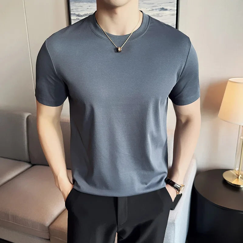 Hehope Mens T-shirt 2024 Summer New Thin Ice Silk Pure Cotton Top Round Neck T-shirt Sports Fitness Running Casual Mens Clothing