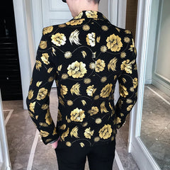 Hehope Men Golden Flower Print Blazers Autumn Formal Dress Tuxedo Casual Slim Fit Suit Jacket / High Quality Fashion Men Clothing