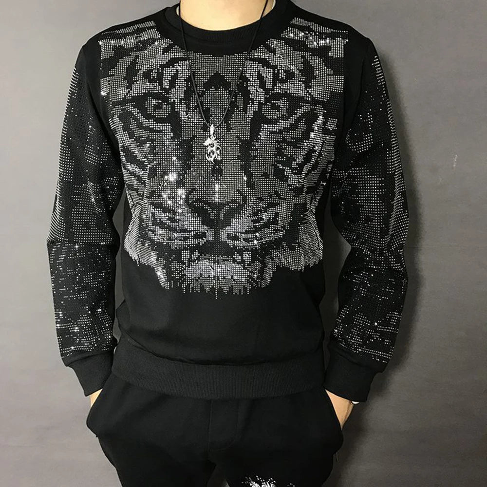 Hehope Mens Autumn Winter Fashion Tiger Head Diamond Long-Sleeve T Shirt Nightclub Personality Youth Trend Heavy Industry Top For Men