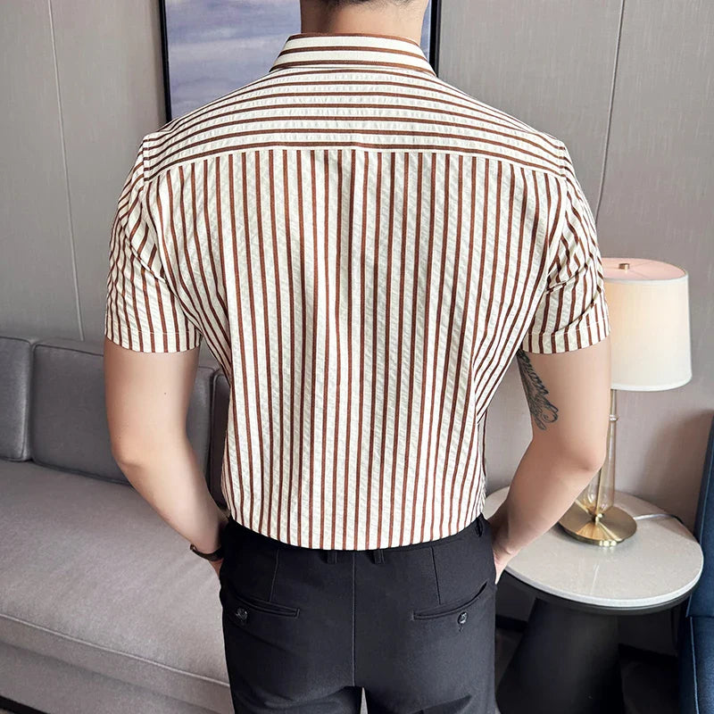 Hehope Men Striped Shirt 2024 Summer Light and Thin Breathable Sweat Absorbing Short Sleeved Slim Fit Casual Pleated Shirt Men clothing