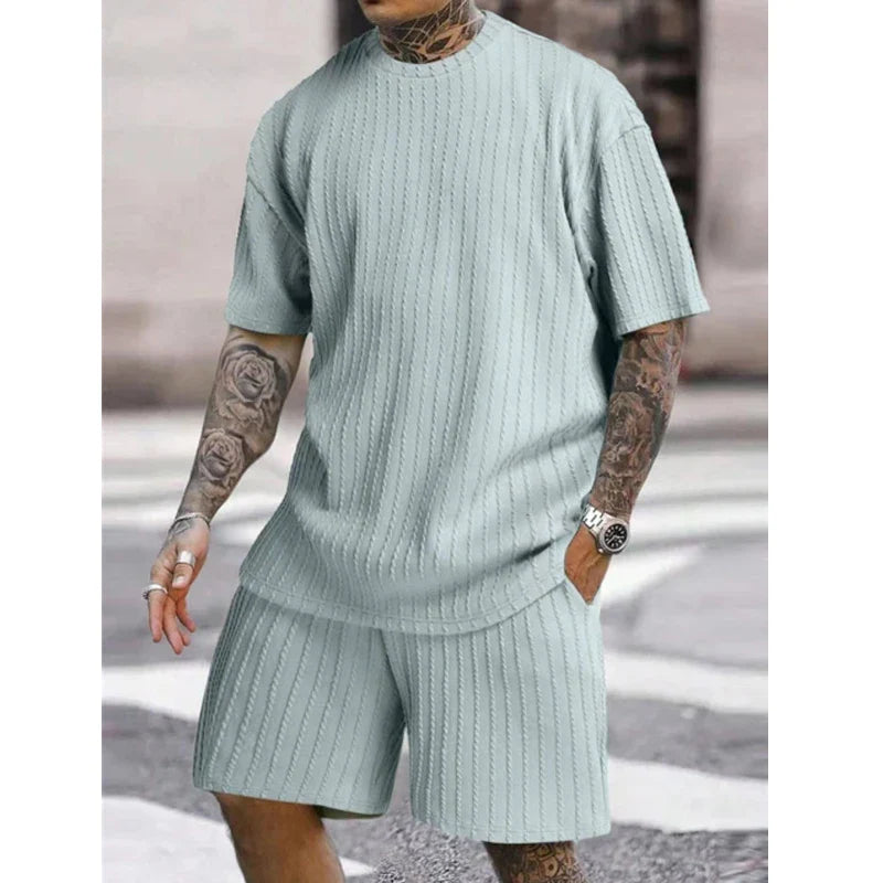 Hehope 2024 Summer Men's Sports Suits Solid Color O-Neck Pullover Striped T-shirt And Shorts Two Piece Set For Male Outfits Streetwear