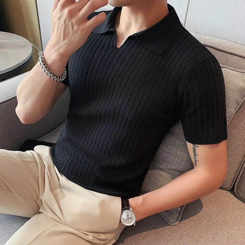 Hehope Korean Business Casual Summer New Ice Silk Men's Short Sleeved Polo Shirt Lapel Solid Jacquard Stripe Screw Thread Slim Thin Top