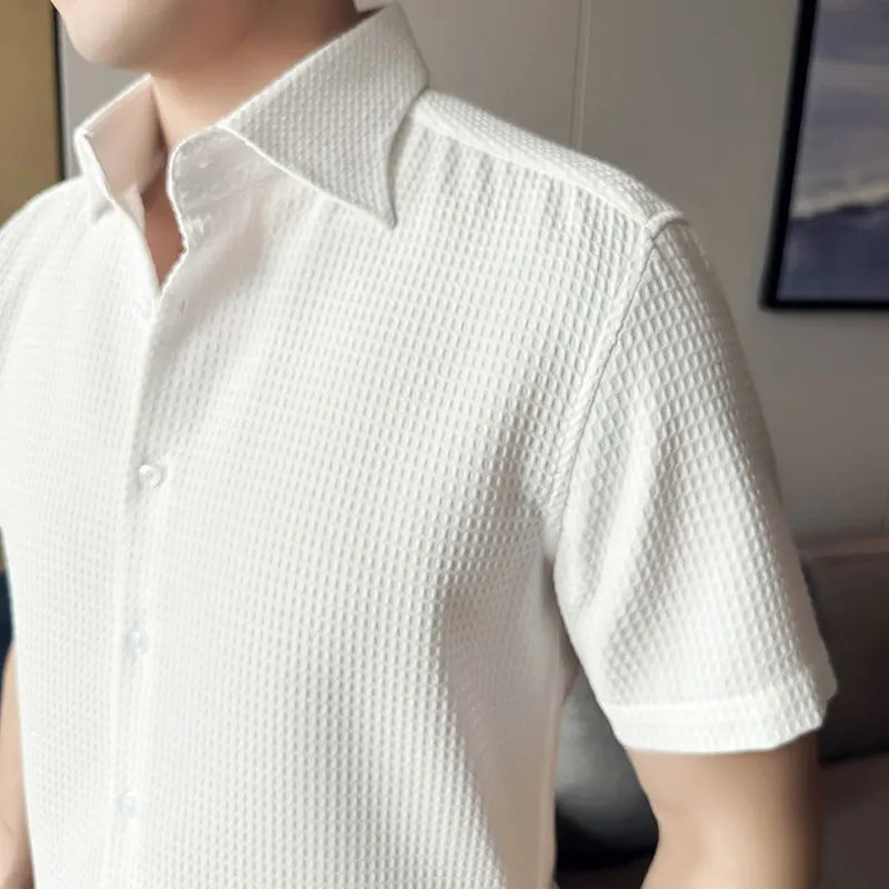 Hehope Summer Waffle Short Sleeved Shirt Men Fashion Casual Solid Color Lapel Loose Shirt Male Korean Social Business Dress Blouse