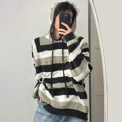 Hehope Holed Striped Lazy Style Hooded Sweater Mens American Retro Loose Comfortable Casual Trendy Autumn Winter Knitted Sweater Jacket