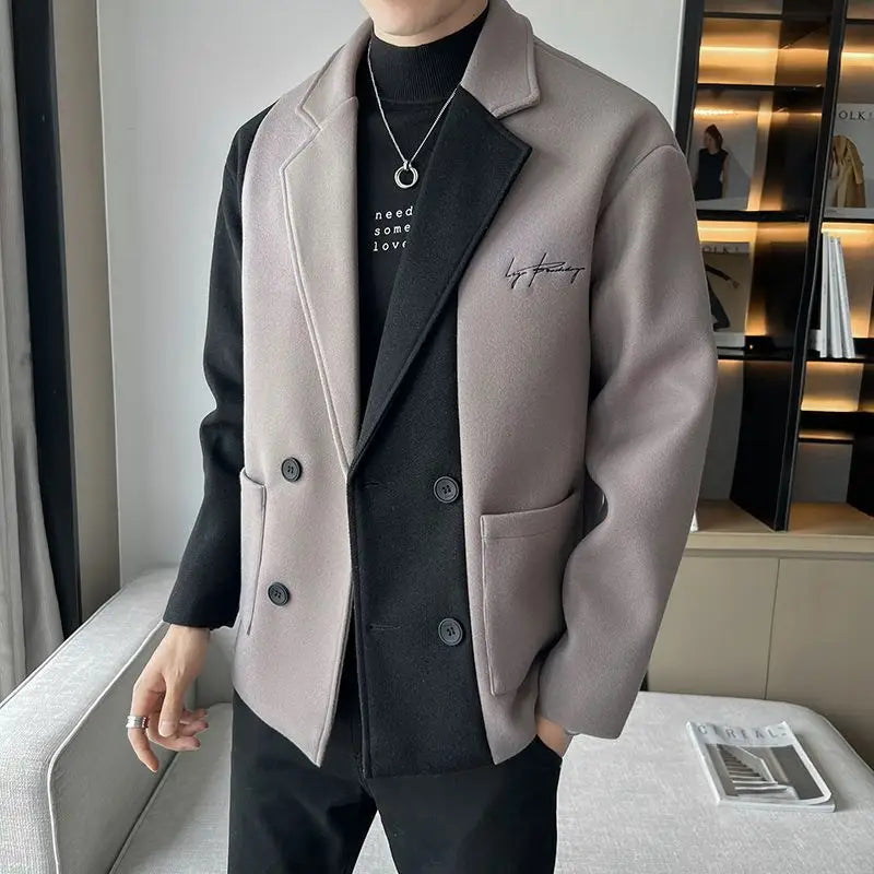 Hehope Fashion Lapel Button Spliced Letter Embroidery Coats Men's Clothing 2024 Autumn Winter New Loose England Tops Casual Jackets