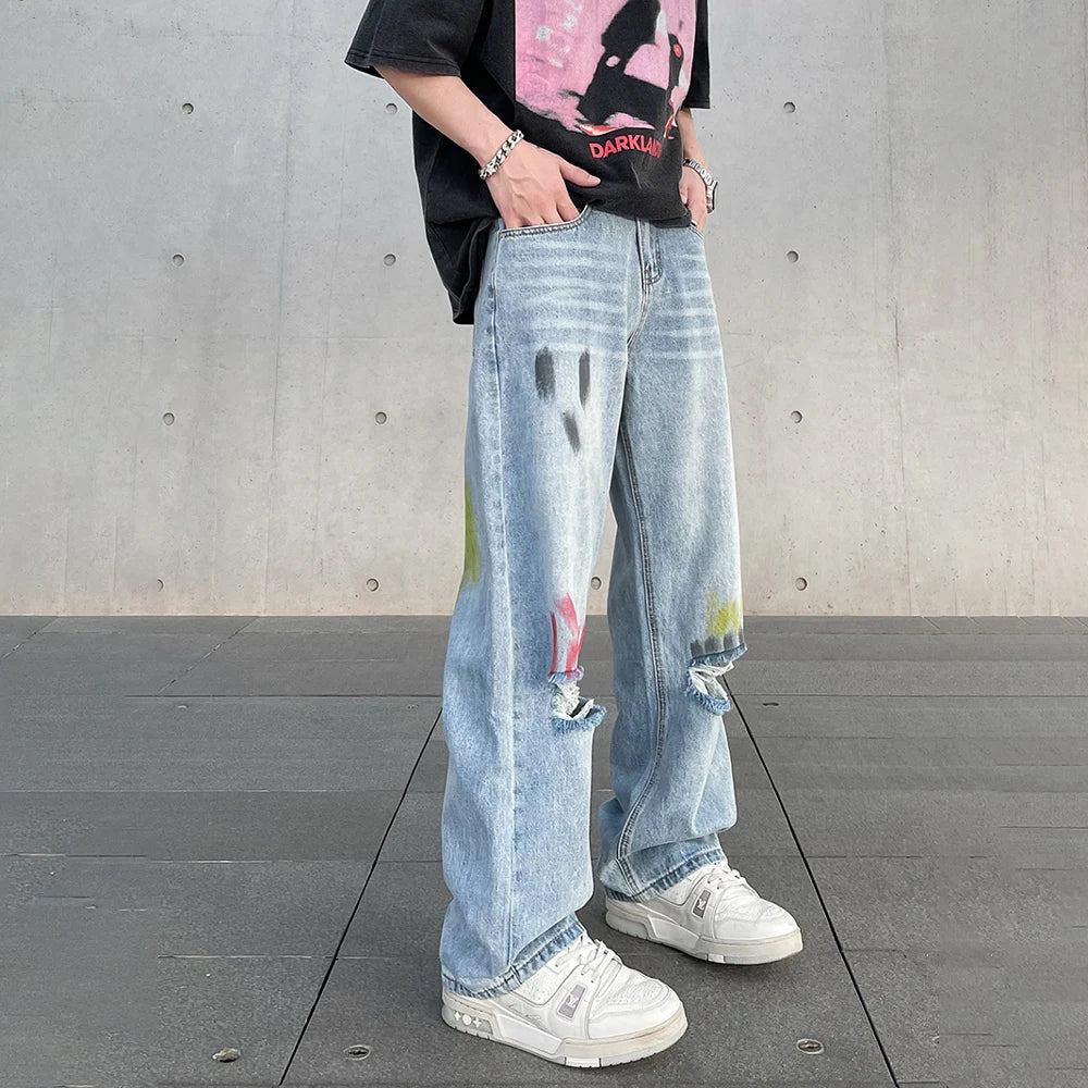 Hehope Abstract Graphic Splash-ink Ripped Jeans Men Loose Straight-leg Street Summer Trousers Streetwear Autumn Baggy Y2k Denim Pants