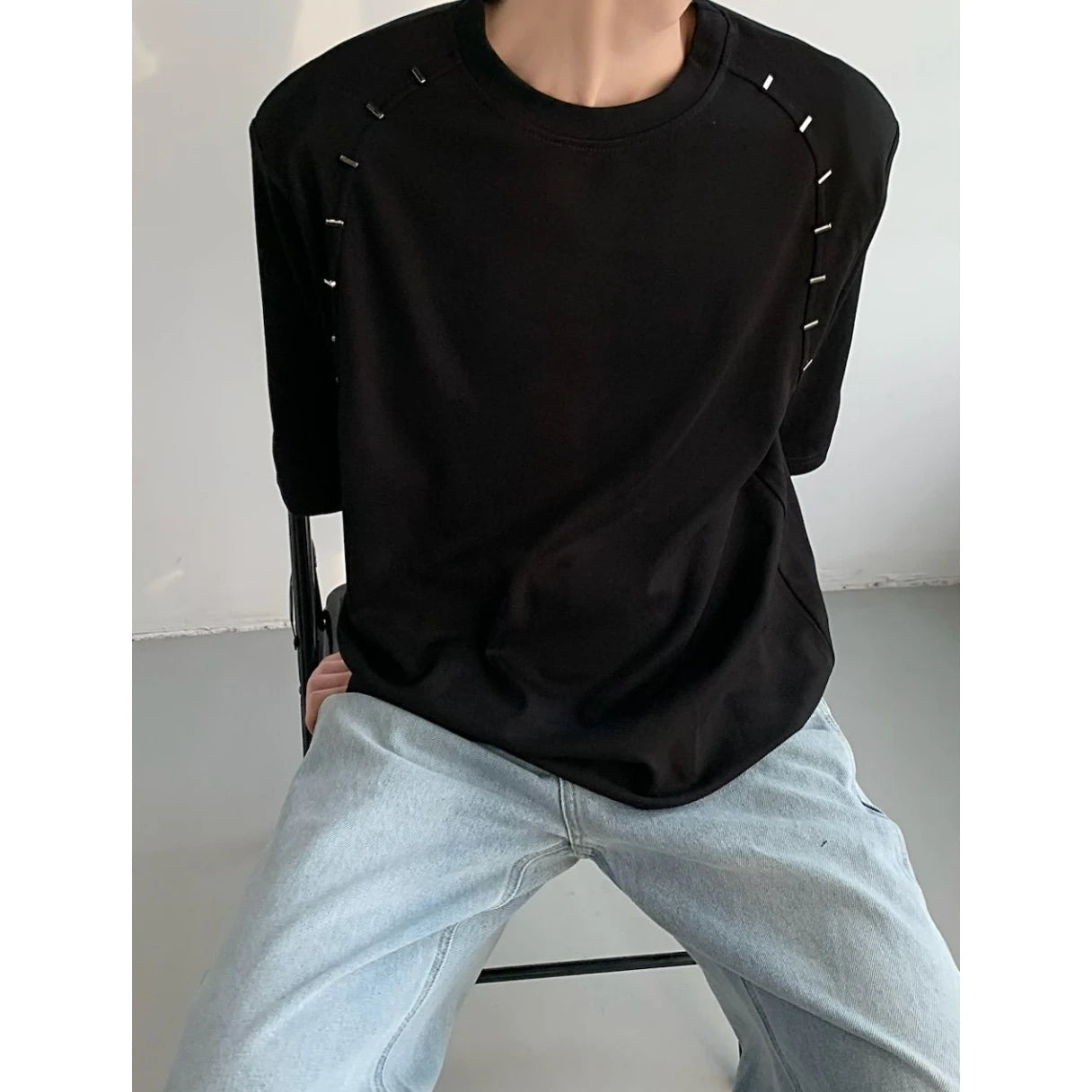 Hehope Korean Style Heavy Shoulder Pad Short Sleeve T Shirt Men Metal Niche Design Loose Casual Harajuku Solid Color Bottoming Shirt