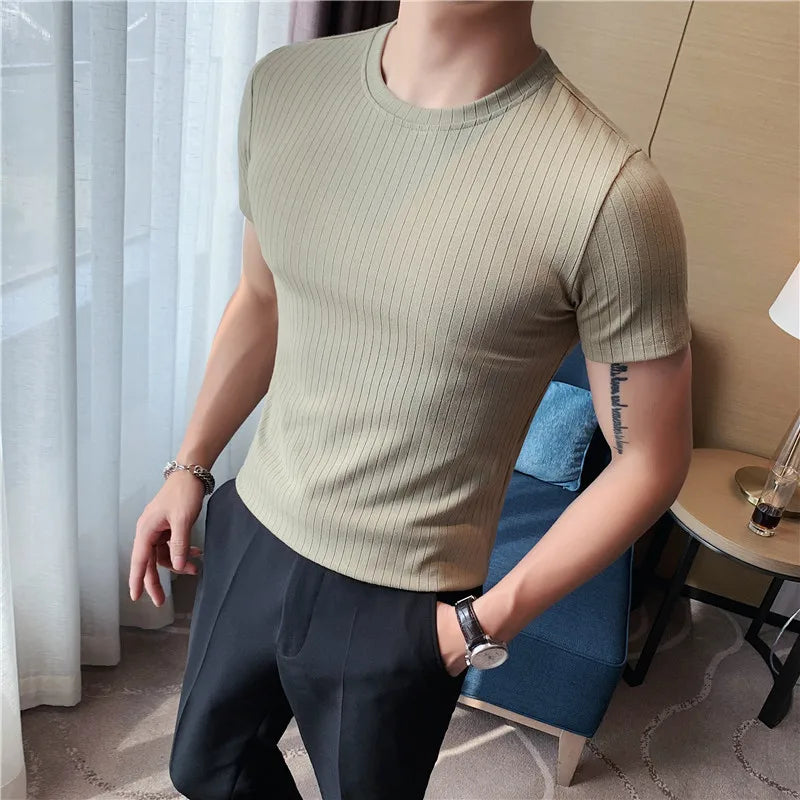 Hehope High Elastic Pure Cotton Slim Fit T Shirt for Men Summer New Solid Casual Short Sleeved T-shirt Tops Korean Men Clothing