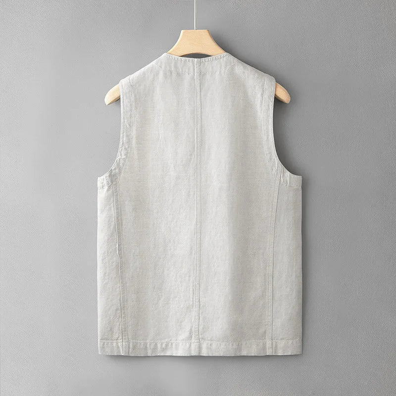 Hehope Casual Men Loose Linen Cotton Vest Japanese Retro Sold Color Multiple Pockets Workwear Sleeveless Top V-neck For Male