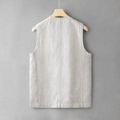 Hehope Casual Men Loose Linen Cotton Vest Japanese Retro Sold Color Multiple Pockets Workwear Sleeveless Top V-neck For Male