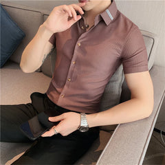 Hehope Summer High Quality Striped Ribbon Short Sleeve Shirt Men's Slim Fit Business Formal Wear Blouse Streetwear Plus Size 4XL-M