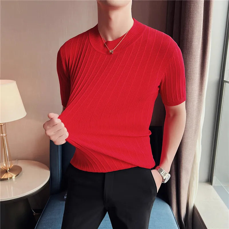 Hehope Men Short Sleeve T-Shirt Knitted Pullover 2024 Summer High Elastic Solid Casual Stripe Slim Fit Half High Collar Knit Sweater