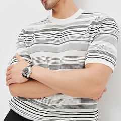 Hehope New Fashion Slim O Neck T Shirt Knit Mens Short Sleeve Knitting Tops 2024 Spring Summer Casual Striped Knitted Tee Men Pullovers