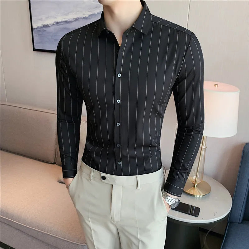 Hehope Stripe Shirts for Men Autumn New British Style Anti Wrinkle Soft Solid Casual Long Sleeved Camisas De Hombre Men Clothing