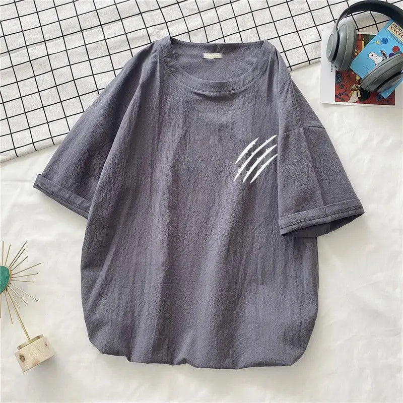 Hehope 2024 New Summer Fashion Versatile Simple Casual Loose Oversized Round Neck Printed Linen Short Sleeved T-shirt Couple Top