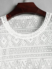 Hehope Geometric Sheer Openwork T-shirt for Men Short Sleeves Tee Summer Beach Vacation Thin Round Neck See Through Tops