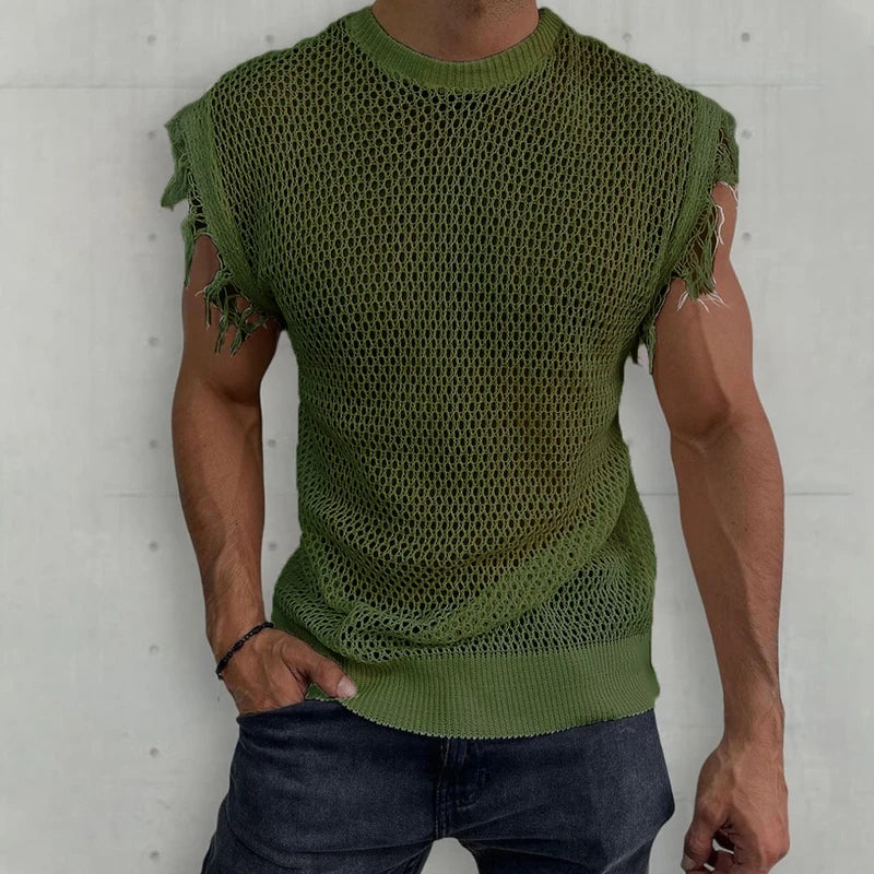 Hehope Fashion Sleeveless Ripped Design Knit Tank Tops Men Summer Streetwear Trend Hollow Out See Through Camisole Mens Retro Pullover