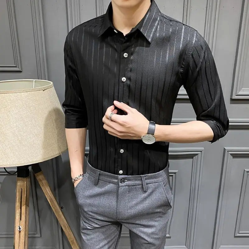 Hehope Loose Solid Formal Button Striped Turn-down Collar Long Sleeve Shirts Temperament Fashion Casual Spring Summer Men's Clothing