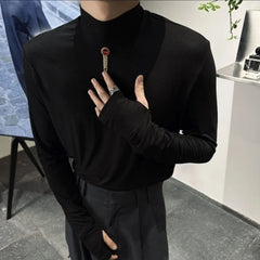 Hehope Men's Black Tight-Fitting Bottoming Shirt  Autumn Winter New Fashion Casual Simple Solid Color Versatile Long-Sleeve Top