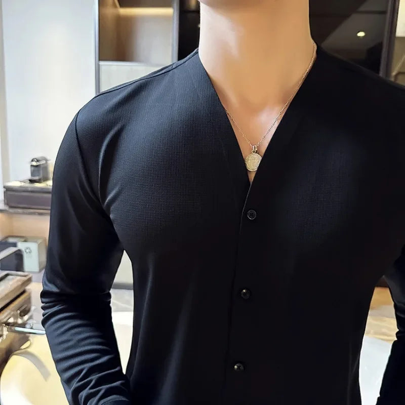 Hehope High-quality Waffle Shirt for Men Long Sleeve V-neck Casual Slim Business Formal Dress Shirts Social Banquet Tops Men Clothing