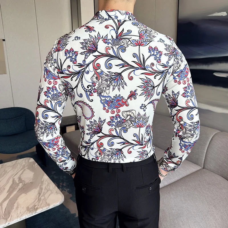 Hehope Autumn Flower Printed Shirt for Men Long Sleeve Lapel Casual Shirts Fashion Slim Fit Business Social Dress Shirts M-6XL