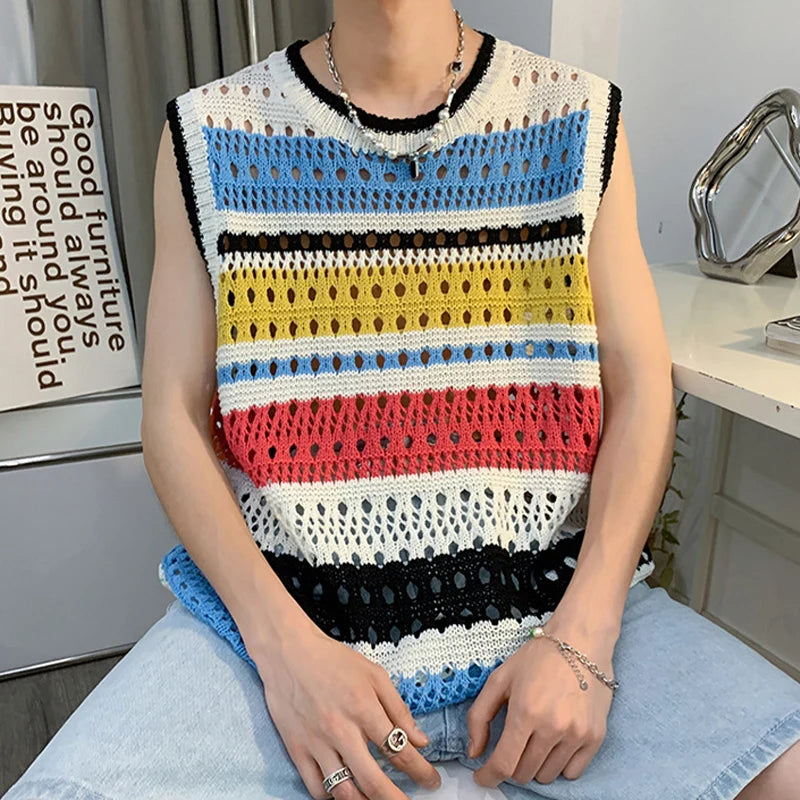 Hehope 2024 Spring Summer Casual Tank Tops Mens Knitted Hollow Out Breathable Camisoles For Men Fashion Colorful Striped Knit Vest Tops