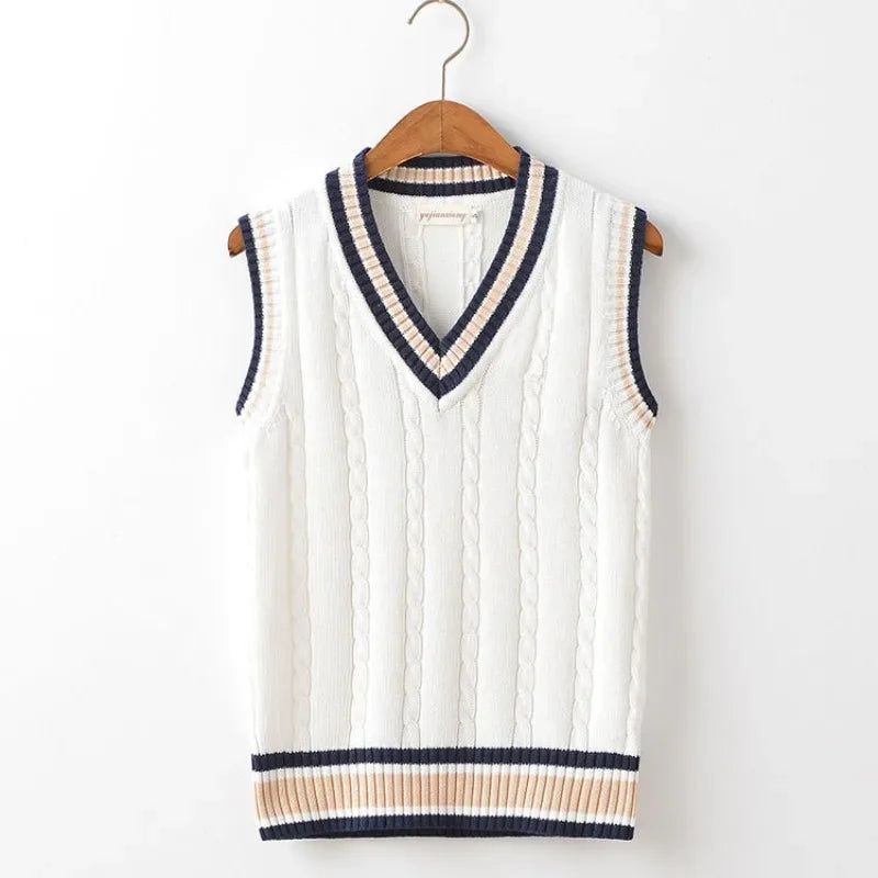 Hehope Knitted Sweaters for Men Striped V Neck White Vest Man Clothes Sleeveless Waistcoat A Sweatshirts Street Y2k Streetwear Cotton S