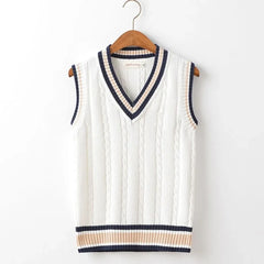 Hehope Knitted Sweaters for Men Striped V Neck White Vest Man Clothes Sleeveless Waistcoat A Sweatshirts Street Y2k Streetwear Cotton S