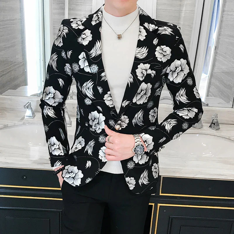 Hehope Men Golden Flower Print Blazers Autumn Formal Dress Tuxedo Casual Slim Fit Suit Jacket / High Quality Fashion Men Clothing