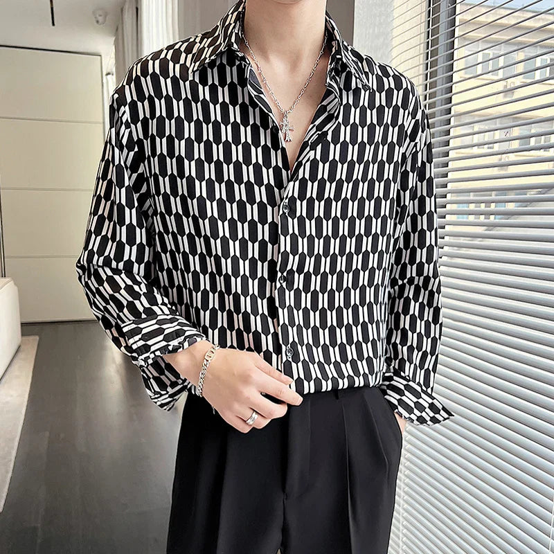 Hehope New Summer Men's Printed Shirts Oversized Clothing Casual Long Sleeve Striped Plaid Vintage Thin Draped Stretch Hawailan Blouses