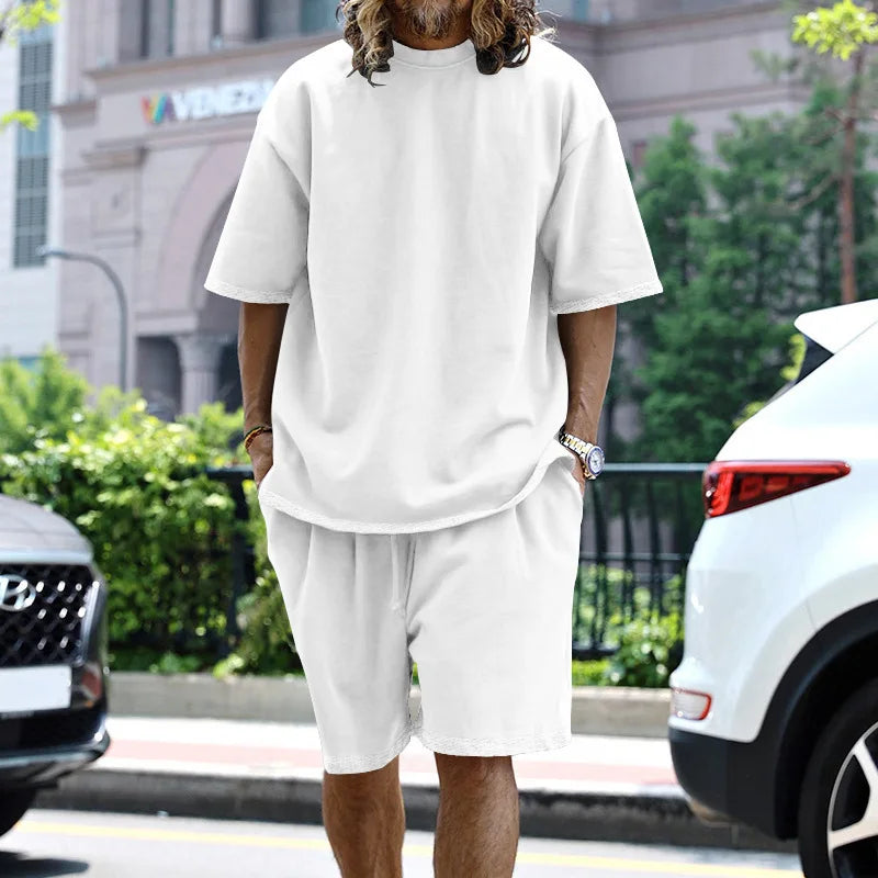 Hehope 2024 Summer New Large Cotton Men Set Casual Sports Round Neck Solid Color Loose Male Two Piece Set