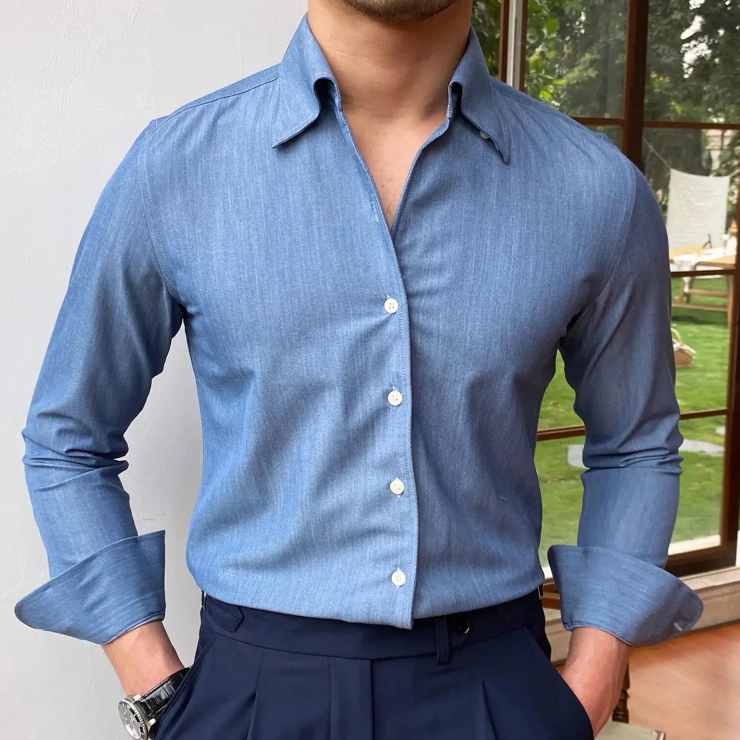 Hehope British Style Casual All-match Solid Color Summer Shirt Trendy Denim Blue Business Formal Dress Shirt Long Sleeve Shirt Men